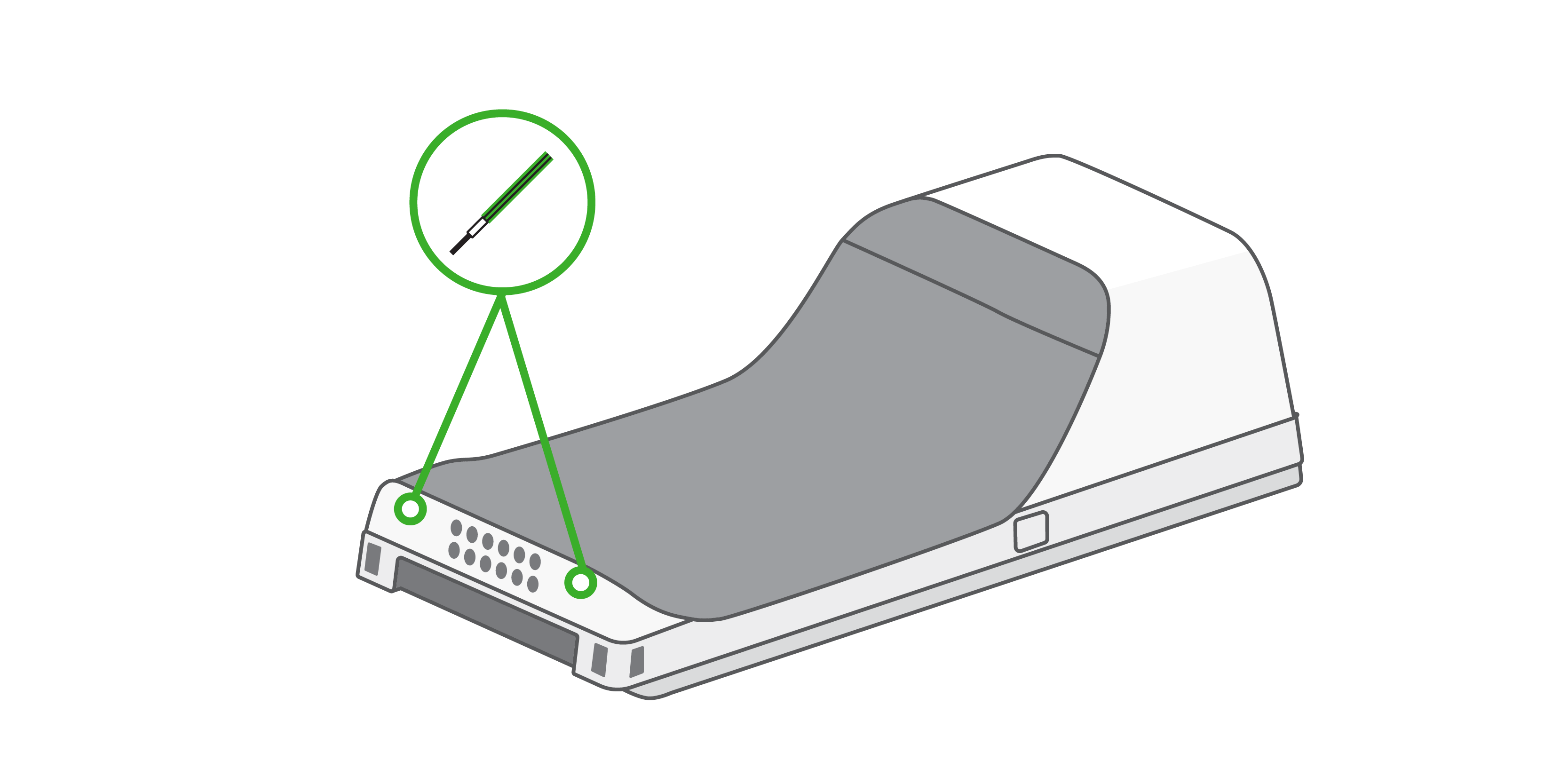 Image displaying the battery of the Flex device & green arrow indicates two screws on top of the battery.