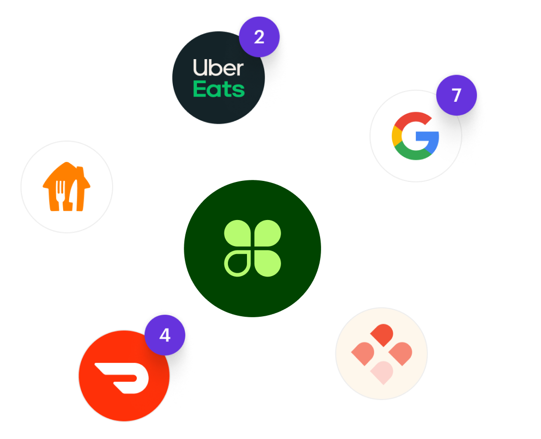 Food delivery service icons: Uber Eats, Google Restaurants, DoorDash, etc.