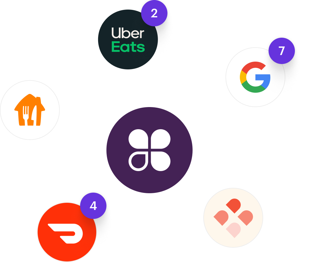 Food delivery service icons: Uber Eats, Google Restaurants, DoorDash, etc.