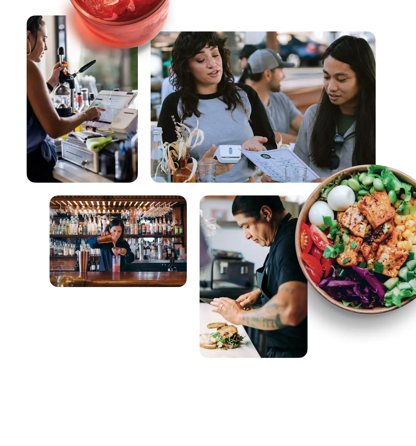Collection of images showing a variety of restaurant tasks, including taking an order on a flex, a bartender inputting an order into a Clover Station Duo behind a bar, bartender making a cocktail, and a chef making a sandwich.