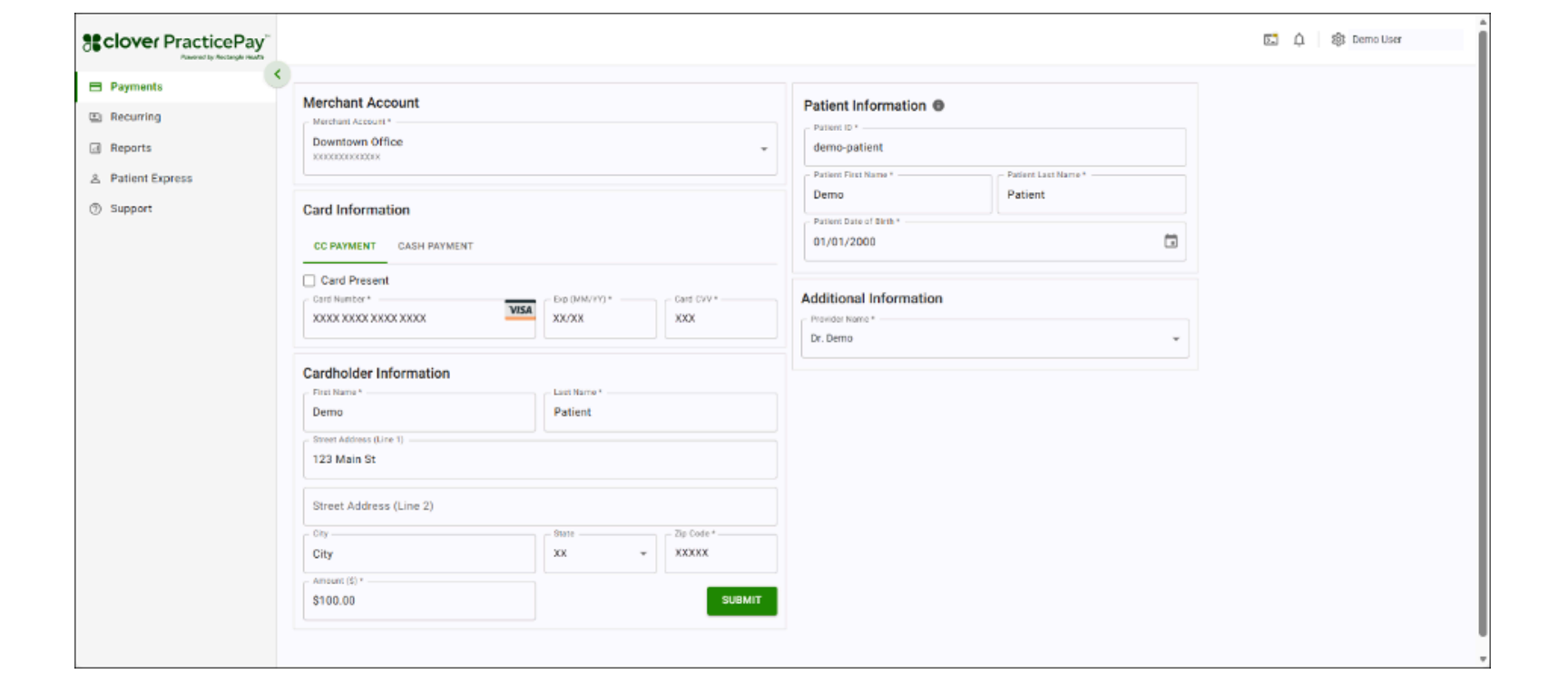 Clover practice pay merchant info, patient info, card info and cardholder info form.