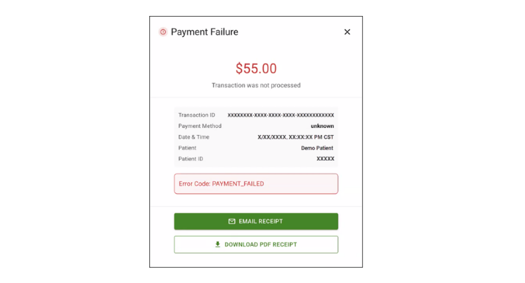Payment failure page, transaction was not processed.