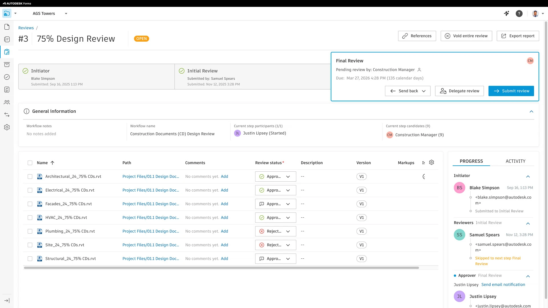 Design dashboard showing project issues, trends, and status charts.