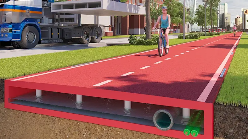 Rendering of a person riding a bicycle on a PlasticRoad