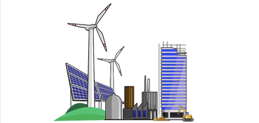 Illustration of solar panels, wind turbines, and a skyscraper under construction