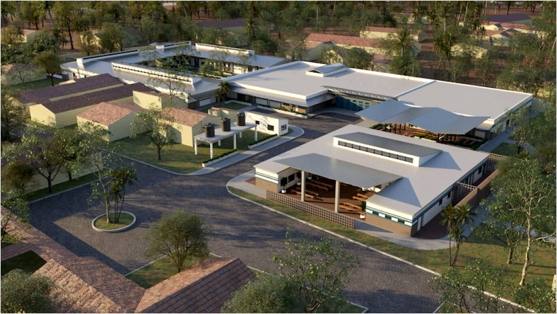 Rendering of an aerial view of Build Health International's Maternal Center of Excellence in Sierra Leone.