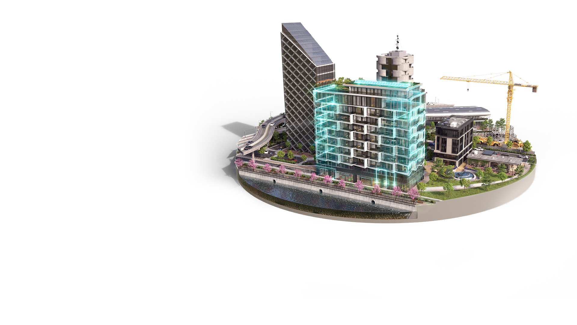 Operations phase model with completed buildings, green spaces, and data overlay representation to highlight performance.