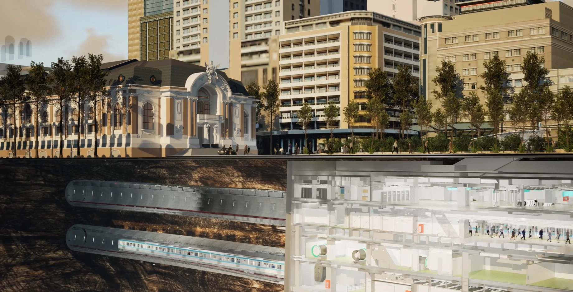 Visualization of opera house and tunnel underneath with train station nearby underground