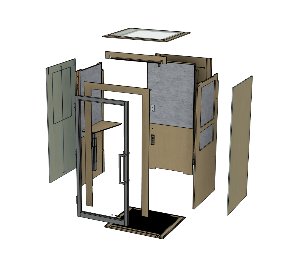 Exploded view of Zenbooth privacy pod CAD assembly using Autodesk Fusion.