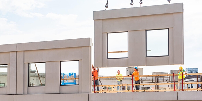 A crew installs precast concrete exterior panels