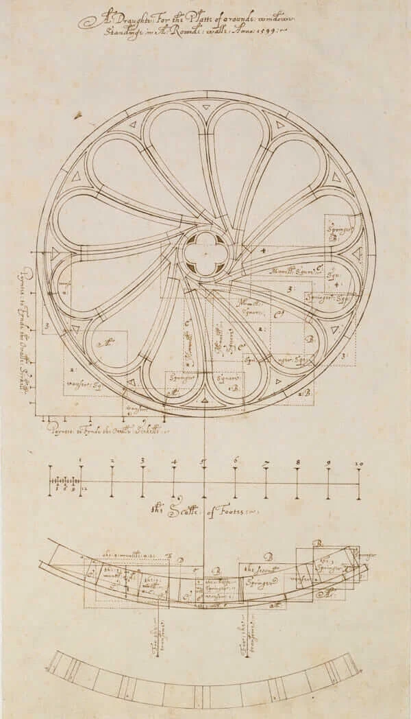 Robert Smythson’s original design and sketch for a rose window in 1599