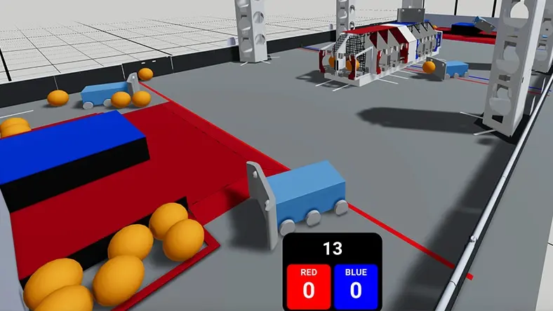 A computer simulated image of a robotics competition
