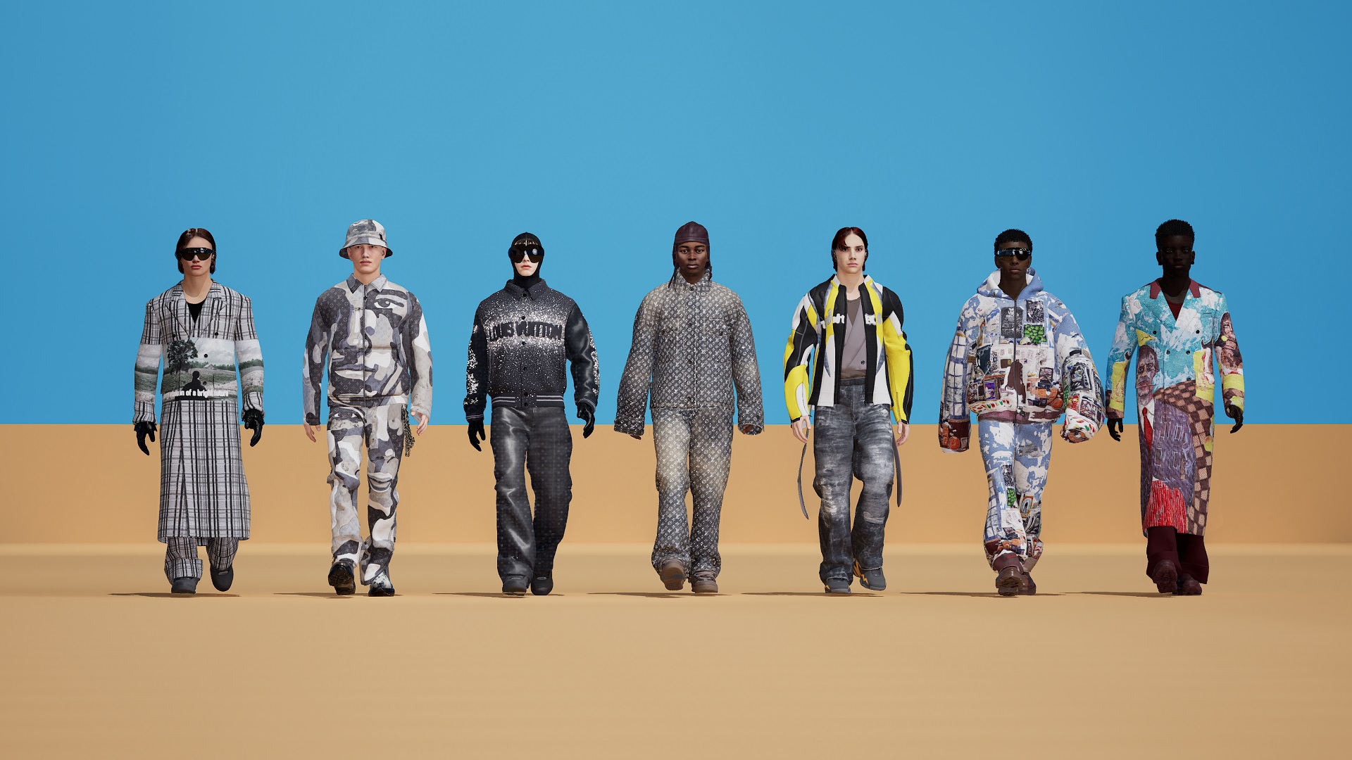 Seven avatars representing diverse models in trendy clothing walk across the desert.