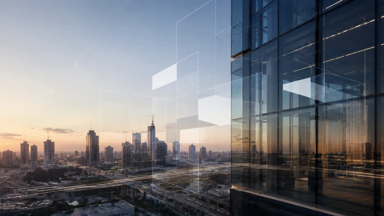 Modern glass building reflecting a city skyline at sunset.