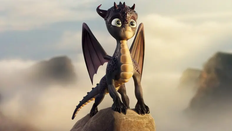 Young animated dragon standing on rock