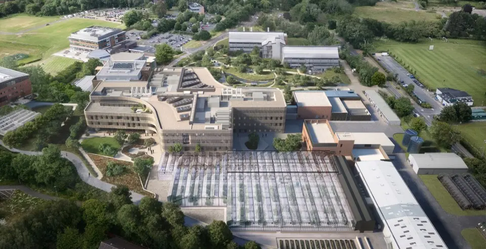 Overhead view of the Proposed site of the Next Generation Infrastructure programme at the John Innes Centre (JIC) and The Sainsbury Laboratory (TSL).