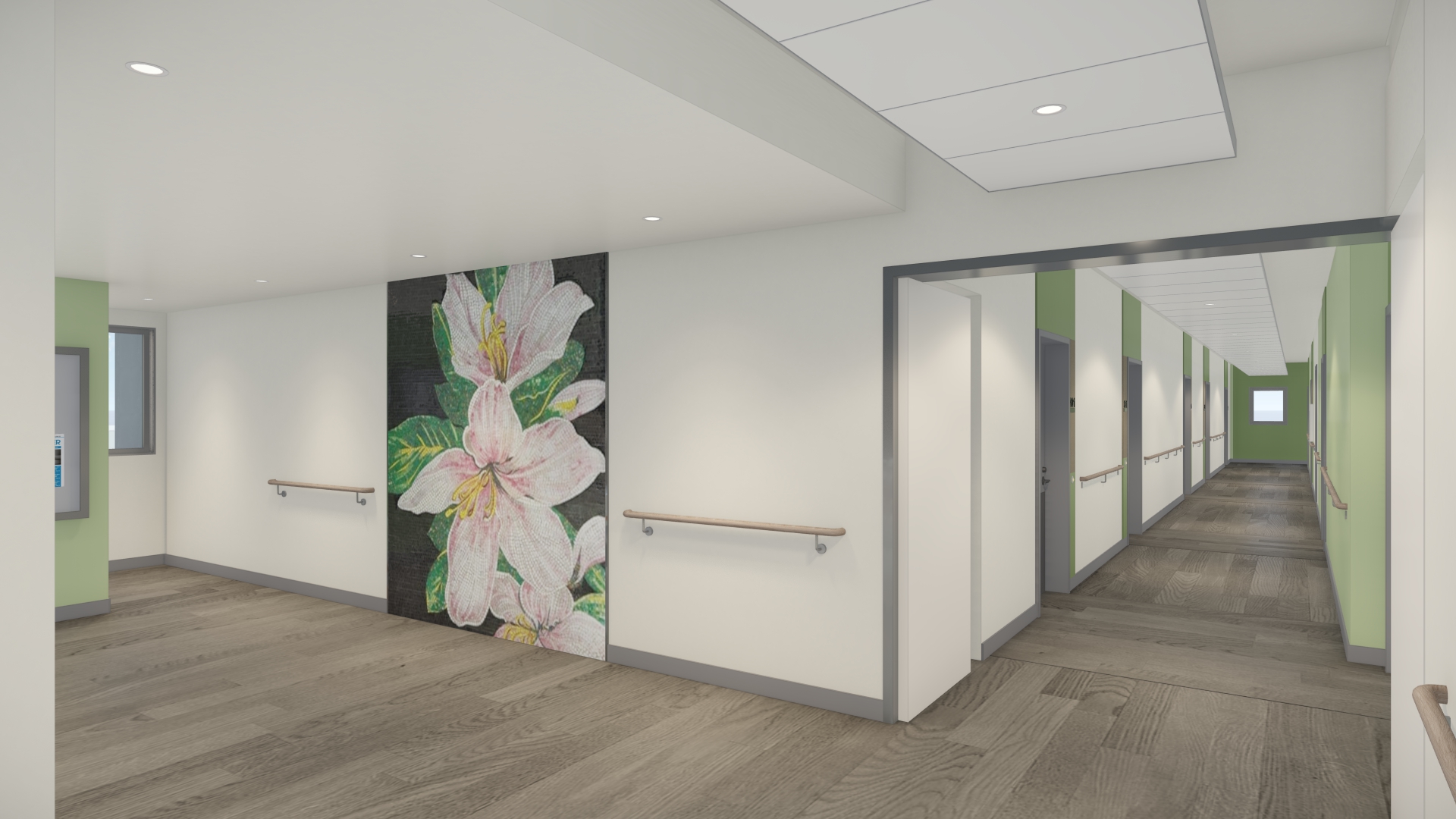 Interior hallway to residences at 4200 Geary with hardwood floors, green and white walls, and large orchid painting