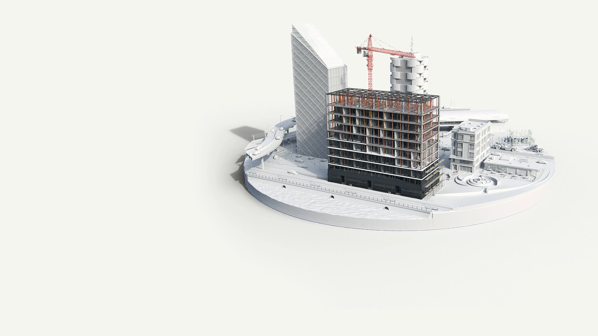 Construction phase model of a multi-story building with framework, crane, and site elements visible.