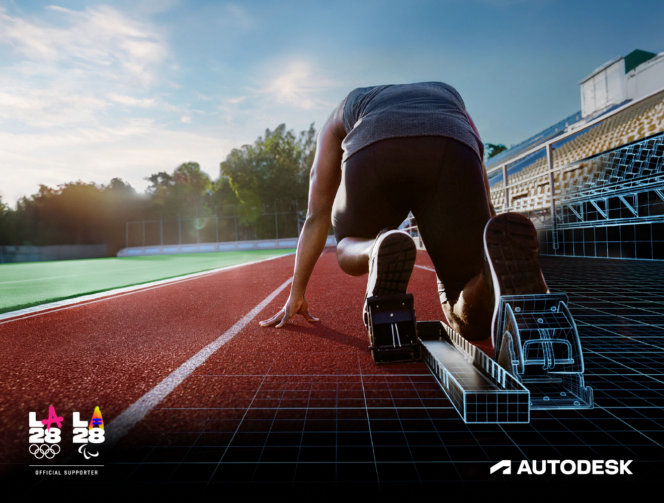A person on track and field with rendering of stadium.
