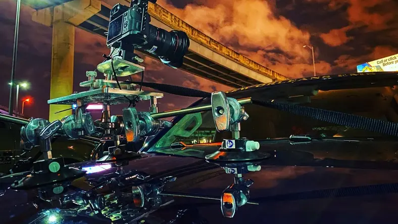 Camera rigged on top of moving vehicle