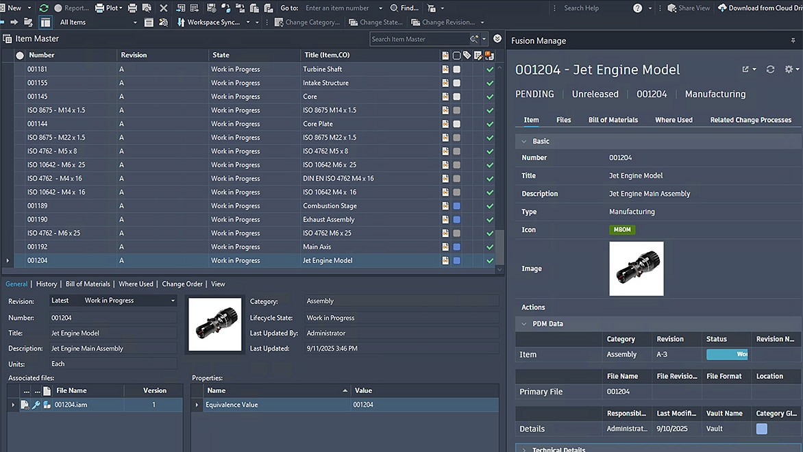 Autodesk Inventor screen displays integrated Vault data management.