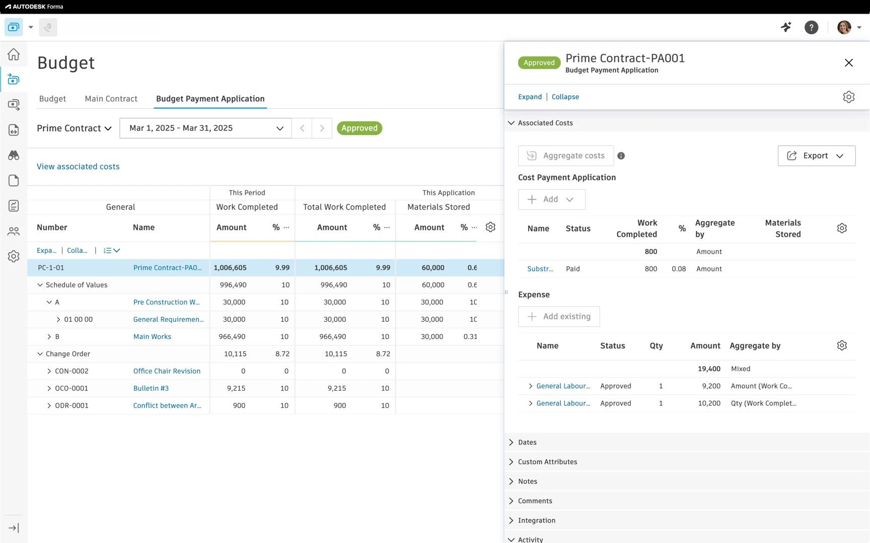 Autodesk Forma budget payment application screen showing approved prime contract, work completed, materials stored, and cost details panel.