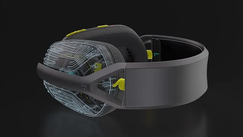 Rendering of a pair of headphones that shows the internal design elements