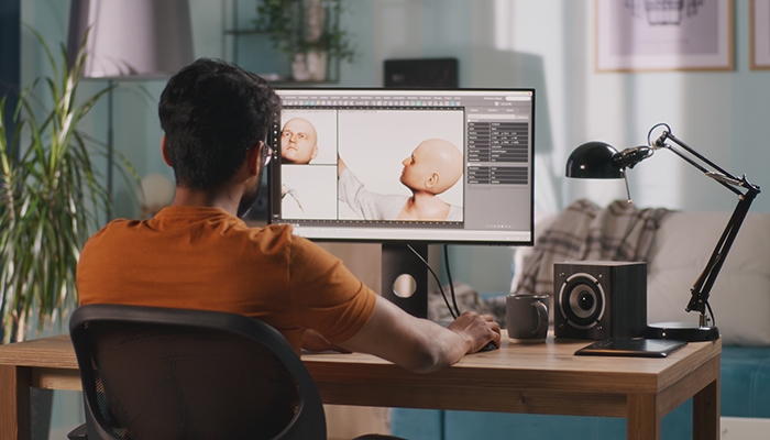 An animator sits at a computer workstation, designing a character