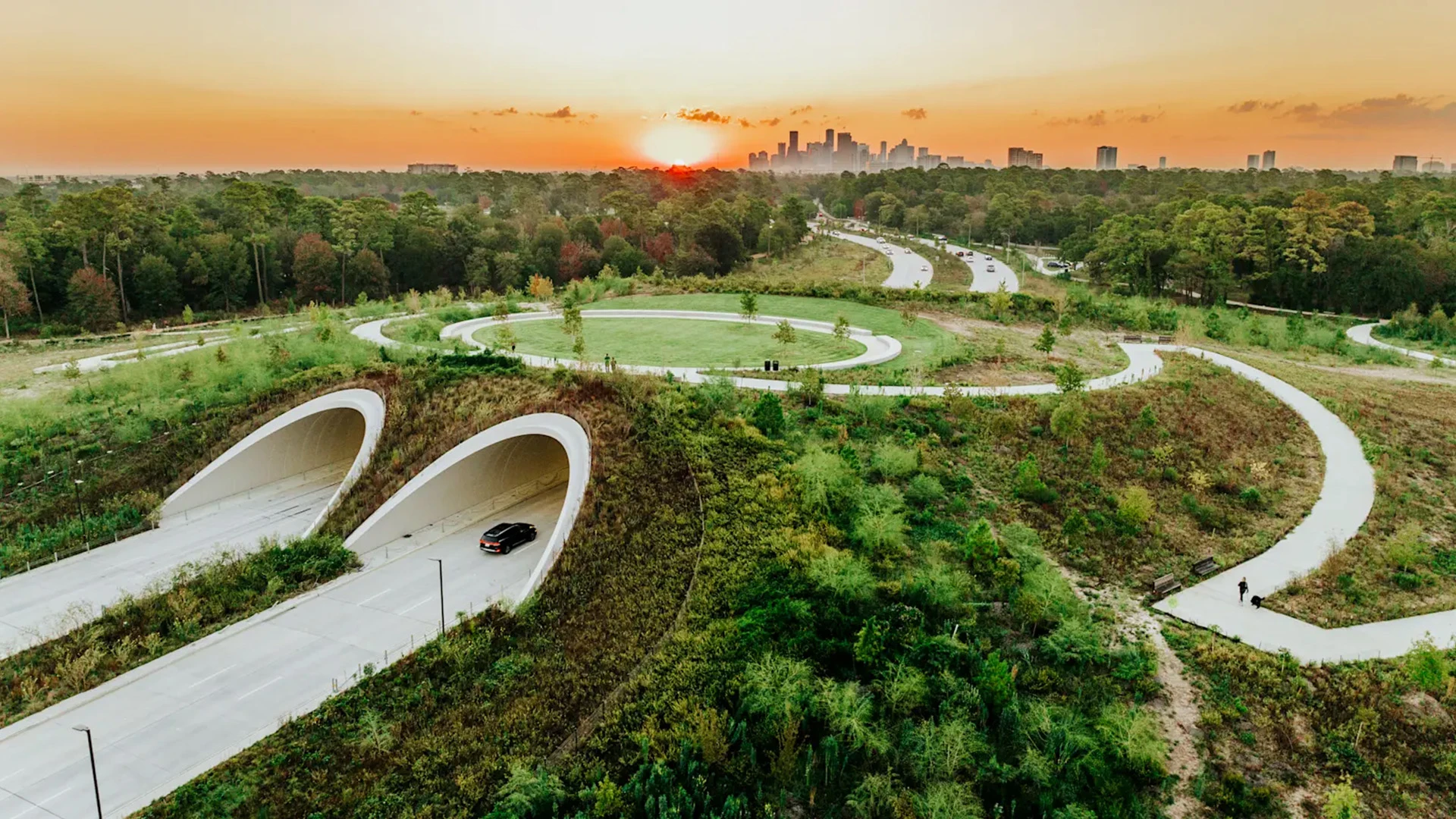 Aerial image of Kinder Land Bridge with Houston skyline