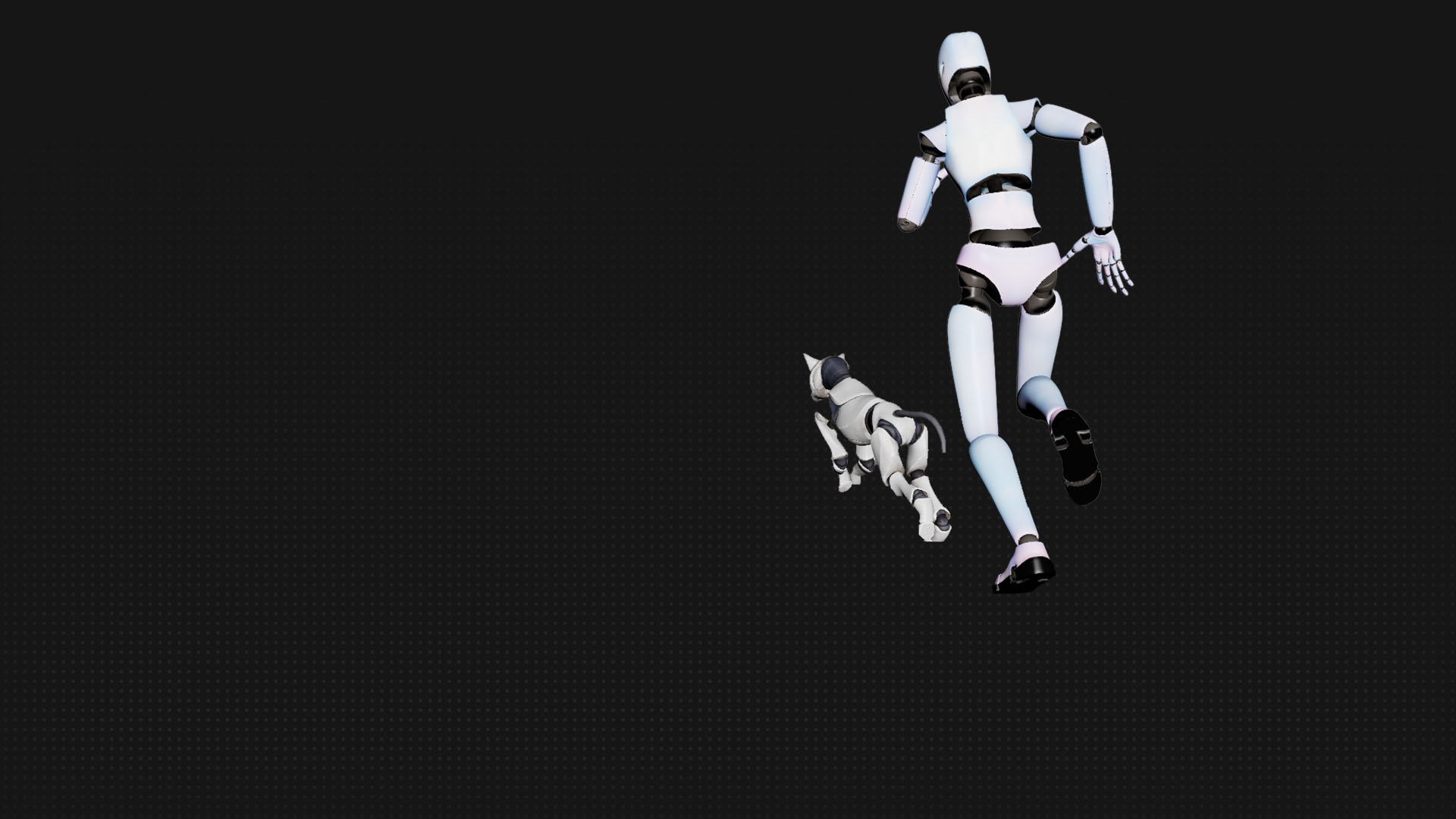 A robot and dog running into the triangular opening of a structure.
