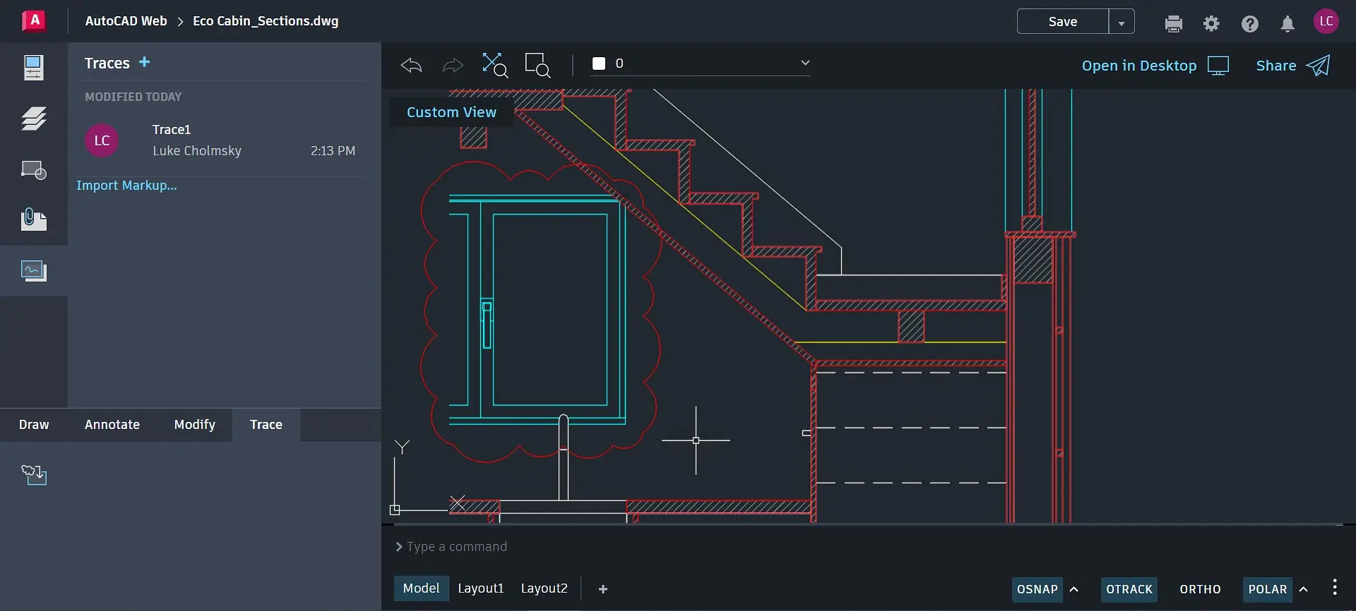 AutoCAD Web interface showing a section drawing of an eco cabin with stairs, door, and structural details