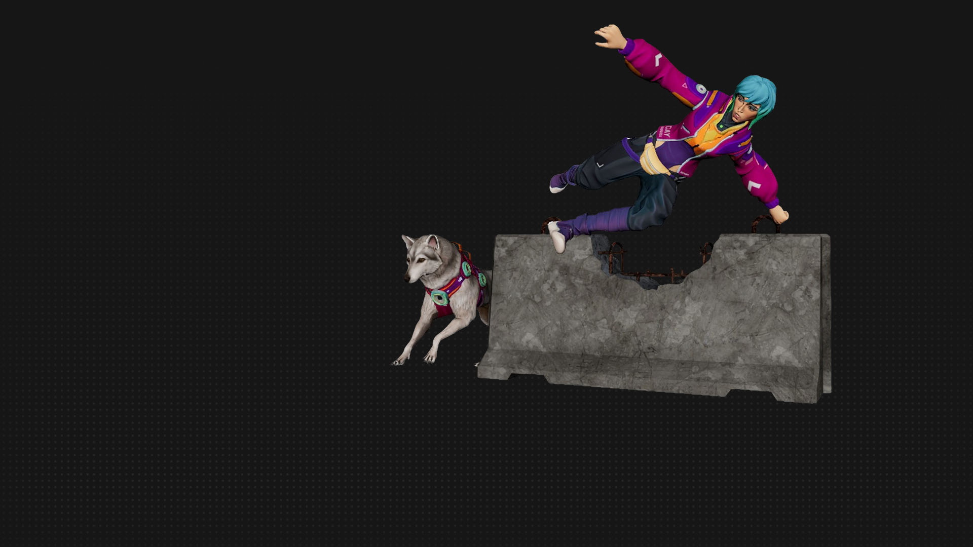 A 3D model of a woman and dog jumping over a concrete obstacle.
