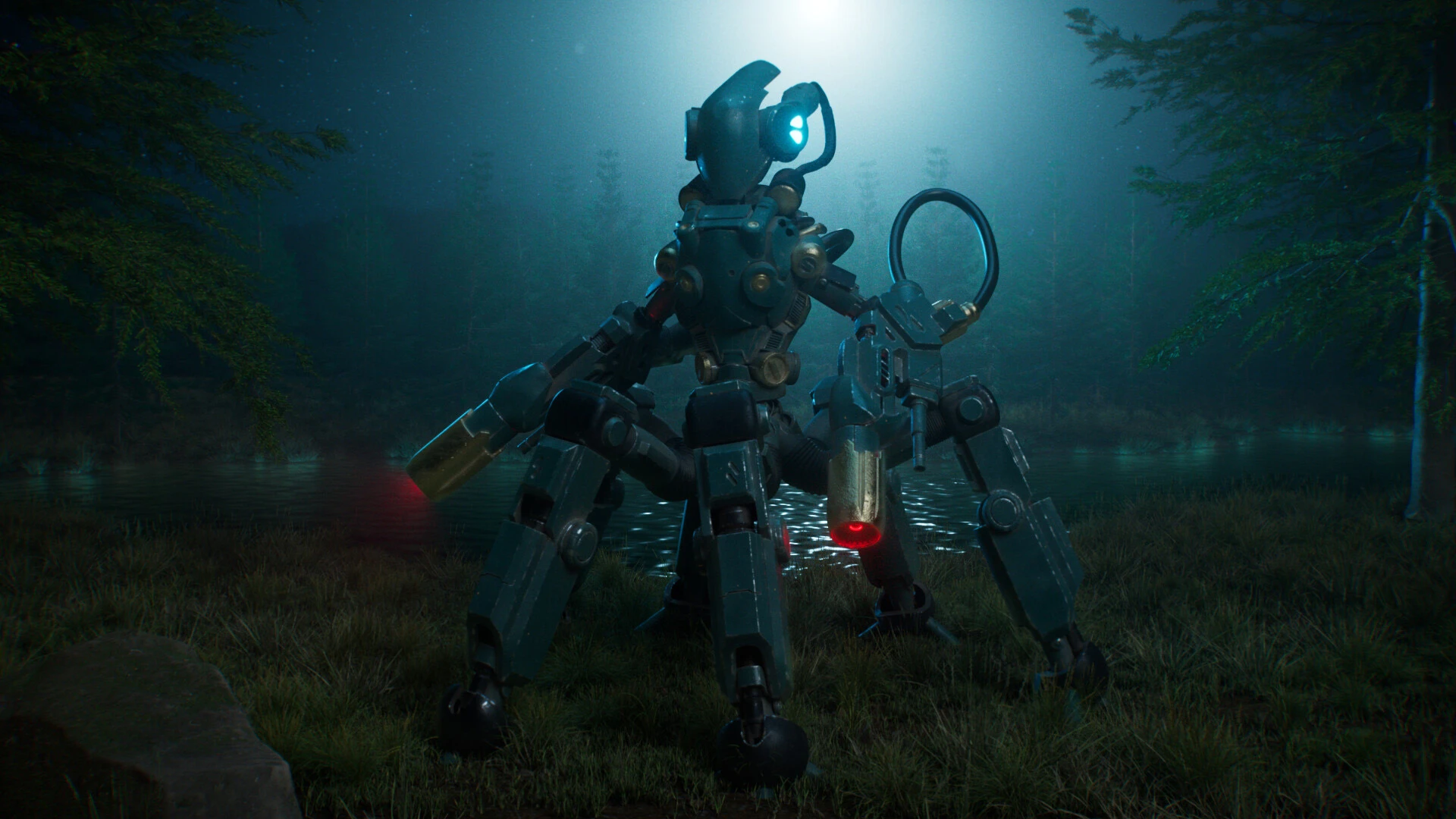 Robot octopus in the grass at night