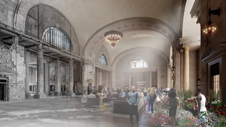 A rendering of the transformation planned for Michigan Central Station