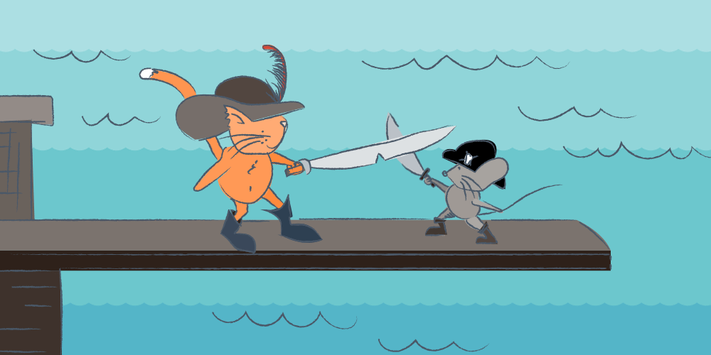 Illustration of a pirate cat and pirate mouse swordfighting