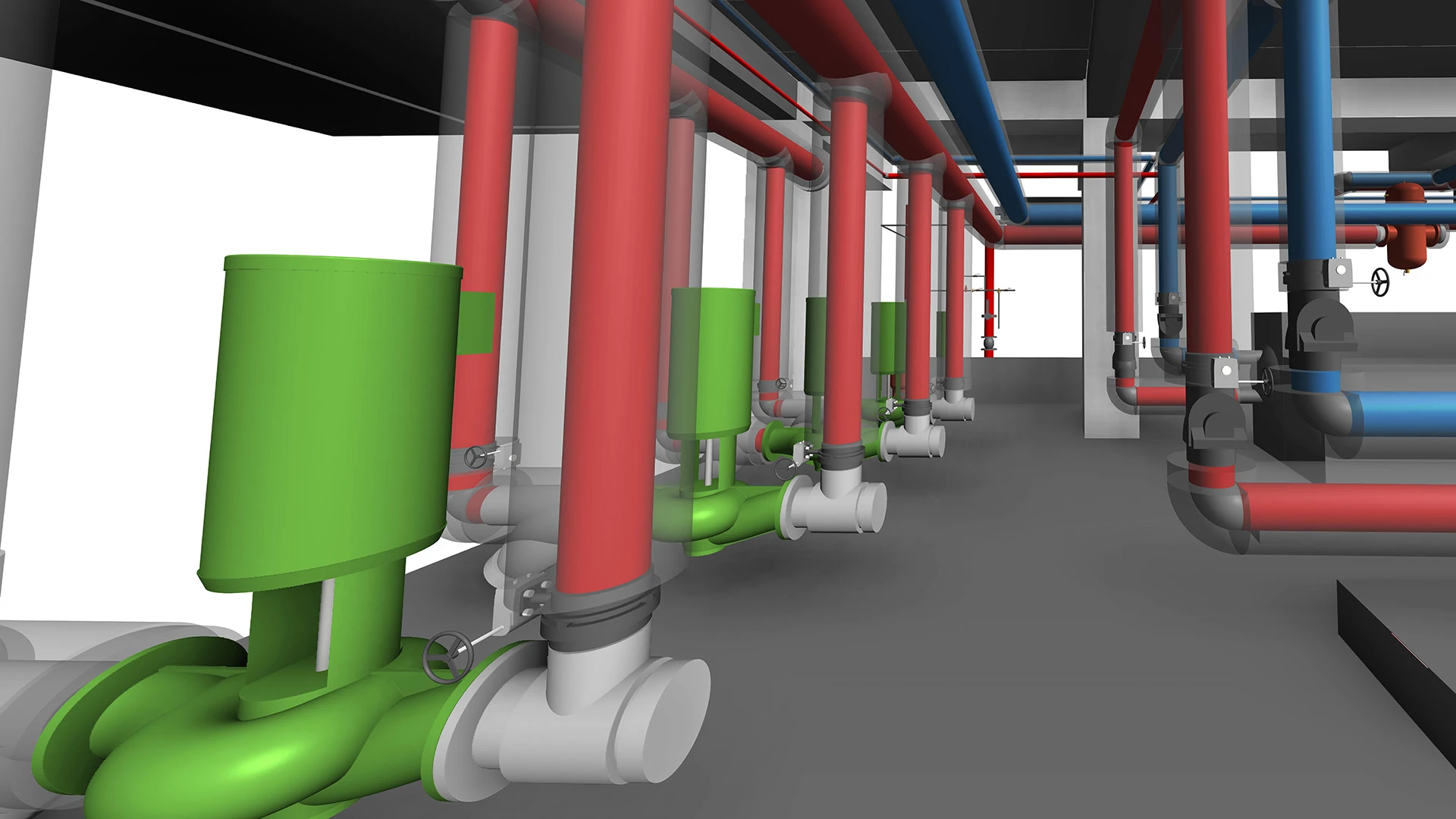 Revit rendering of a plumbing system installation.