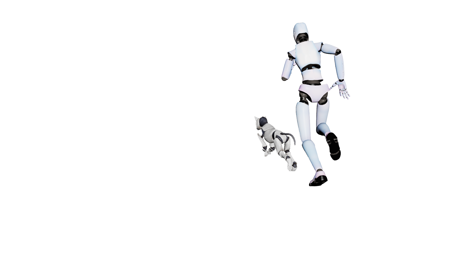 A robot and dog running into the triangular opening of a structure.