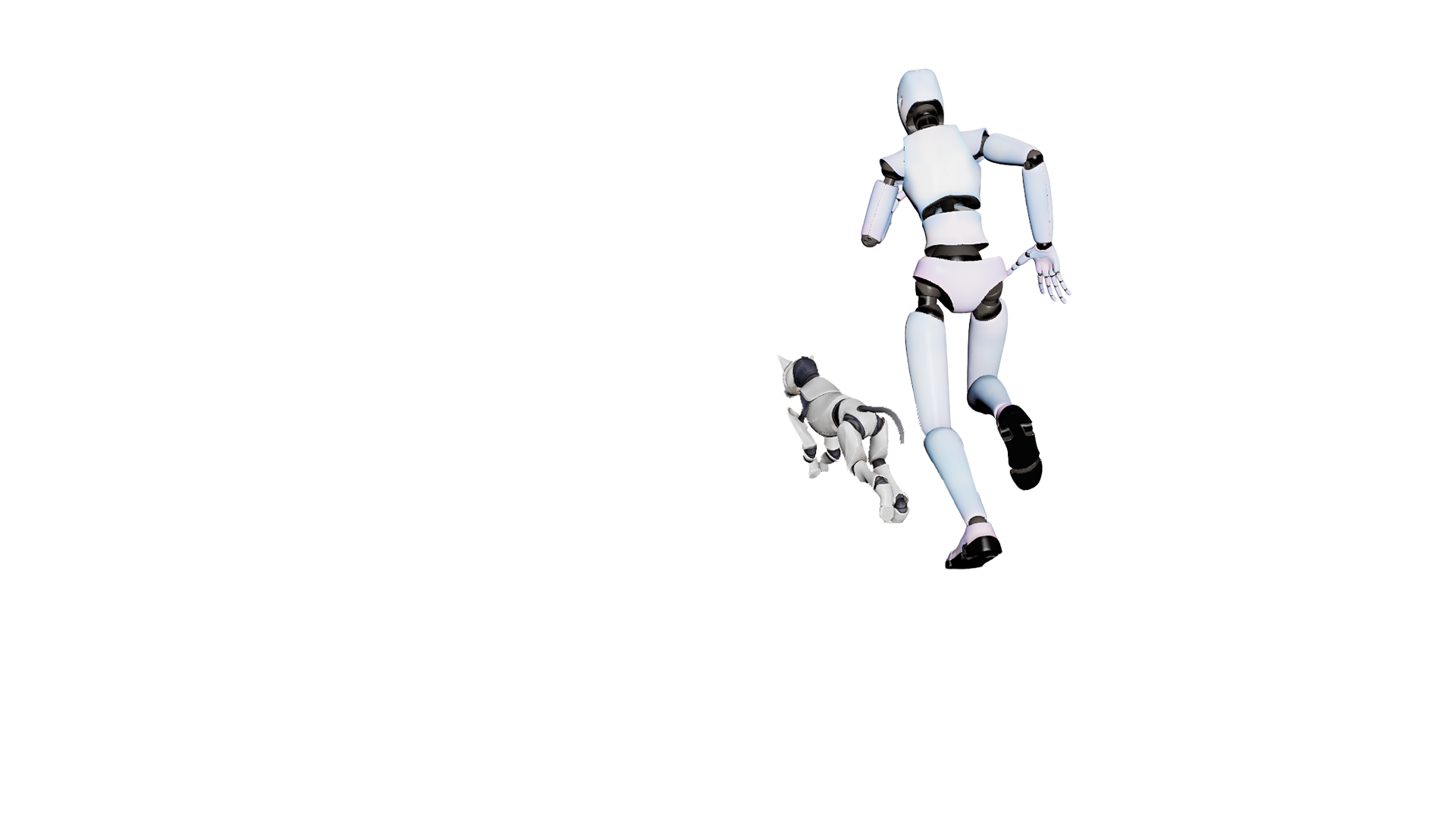 A robot and dog running into the triangular opening of a structure.