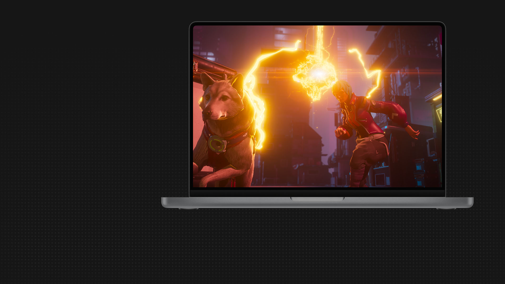 A 3D model of a woman and dog running from streaks of electricity.