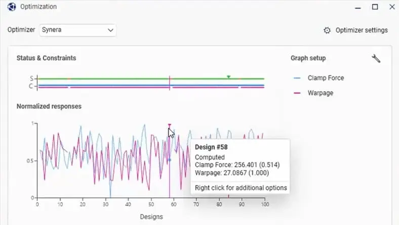 Screenshot of Synera and Code Product Solutions molding process optimization using Moldflow.