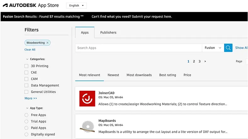 A screen capture from the Autodesk App Store shows app integrations for woodworking.