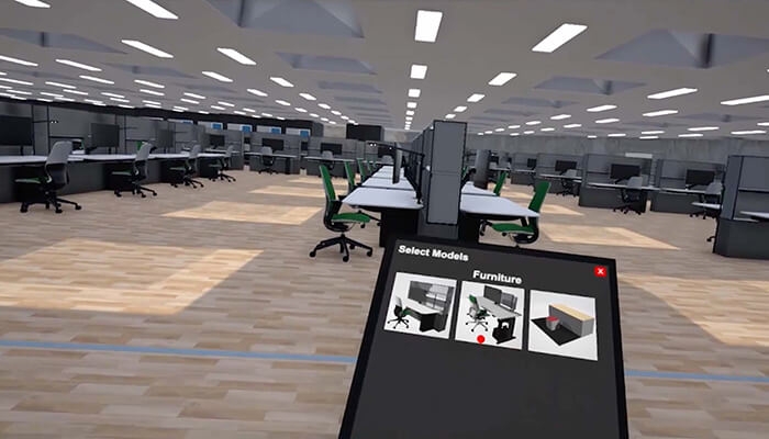 Room designs are viewed and modified within a VR interface.