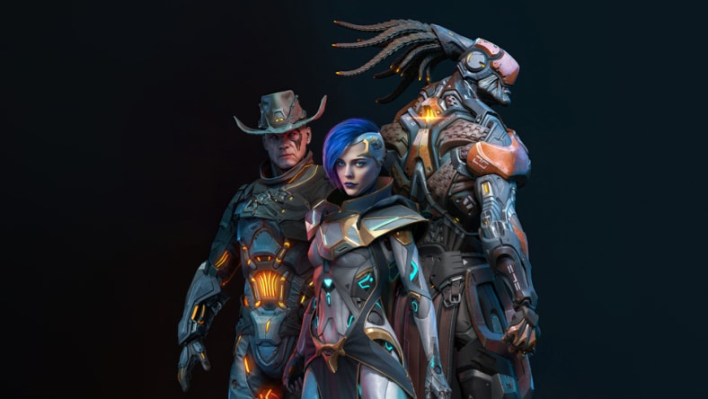 3 game characters standing back to back