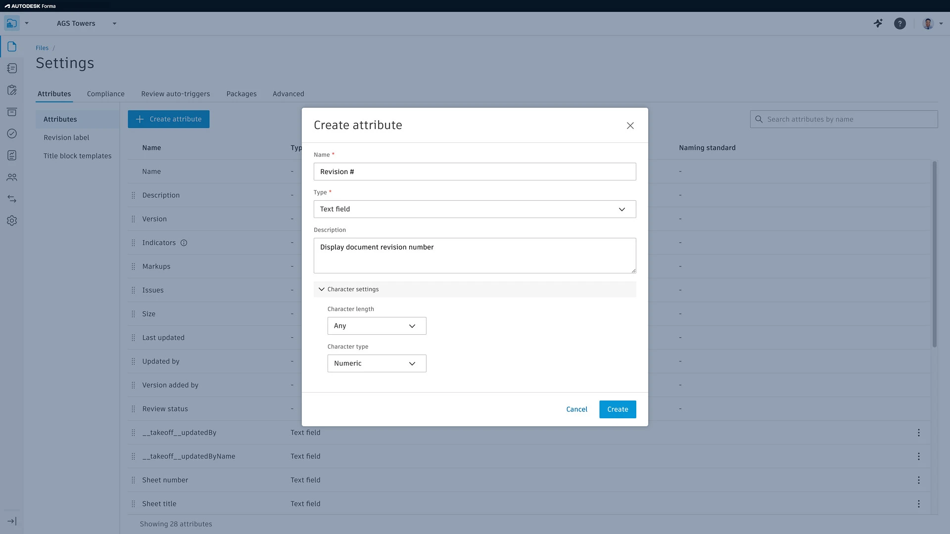 Settings page with Create attribute dialog open for revision number.