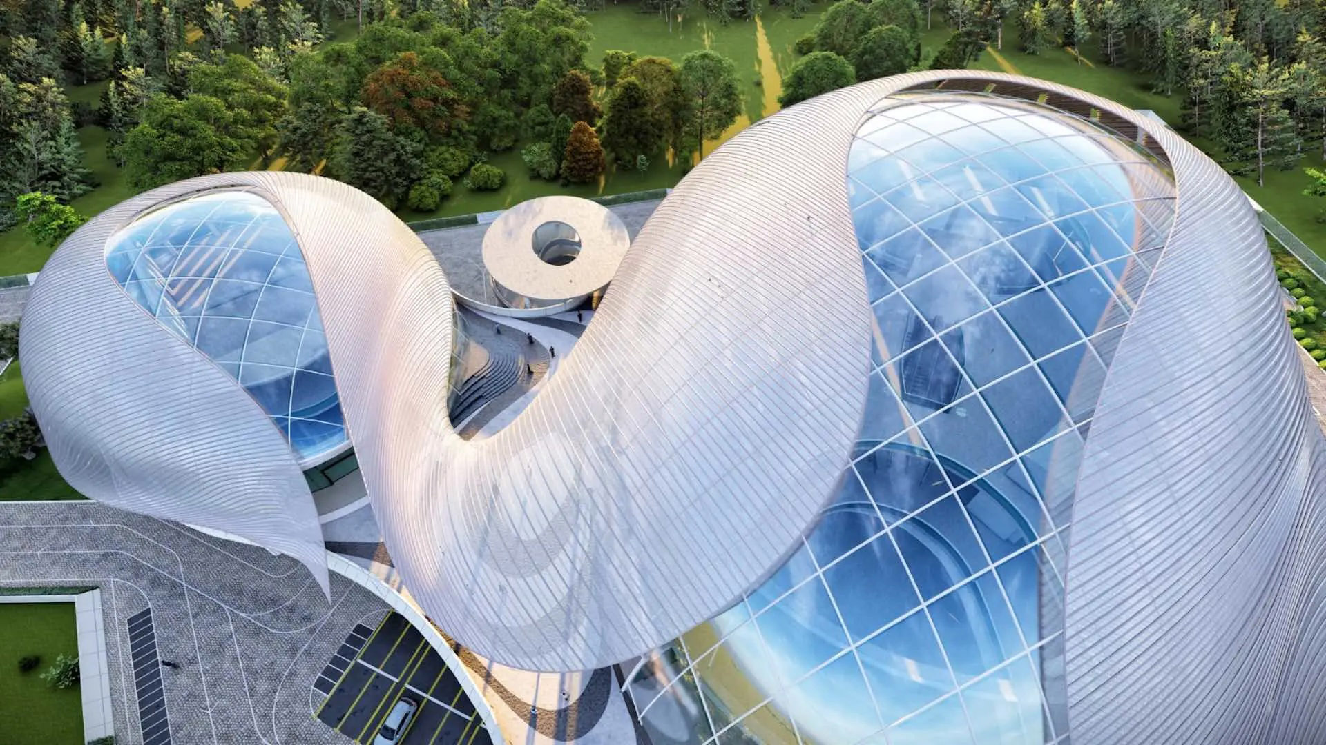 A rendering shows an overhead view of a building with a complex glass dome ceiling.