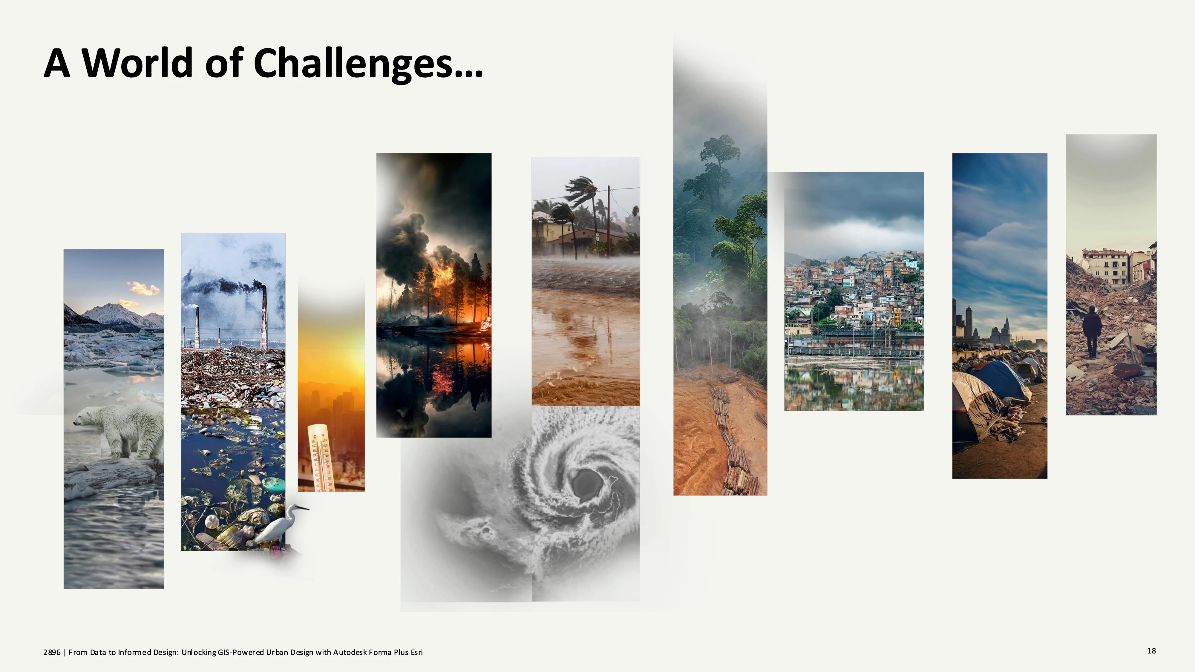 Images of world challenges with hurricane, wildfires, and more