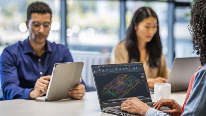 3 people sitting in a room looking at their electronic devices