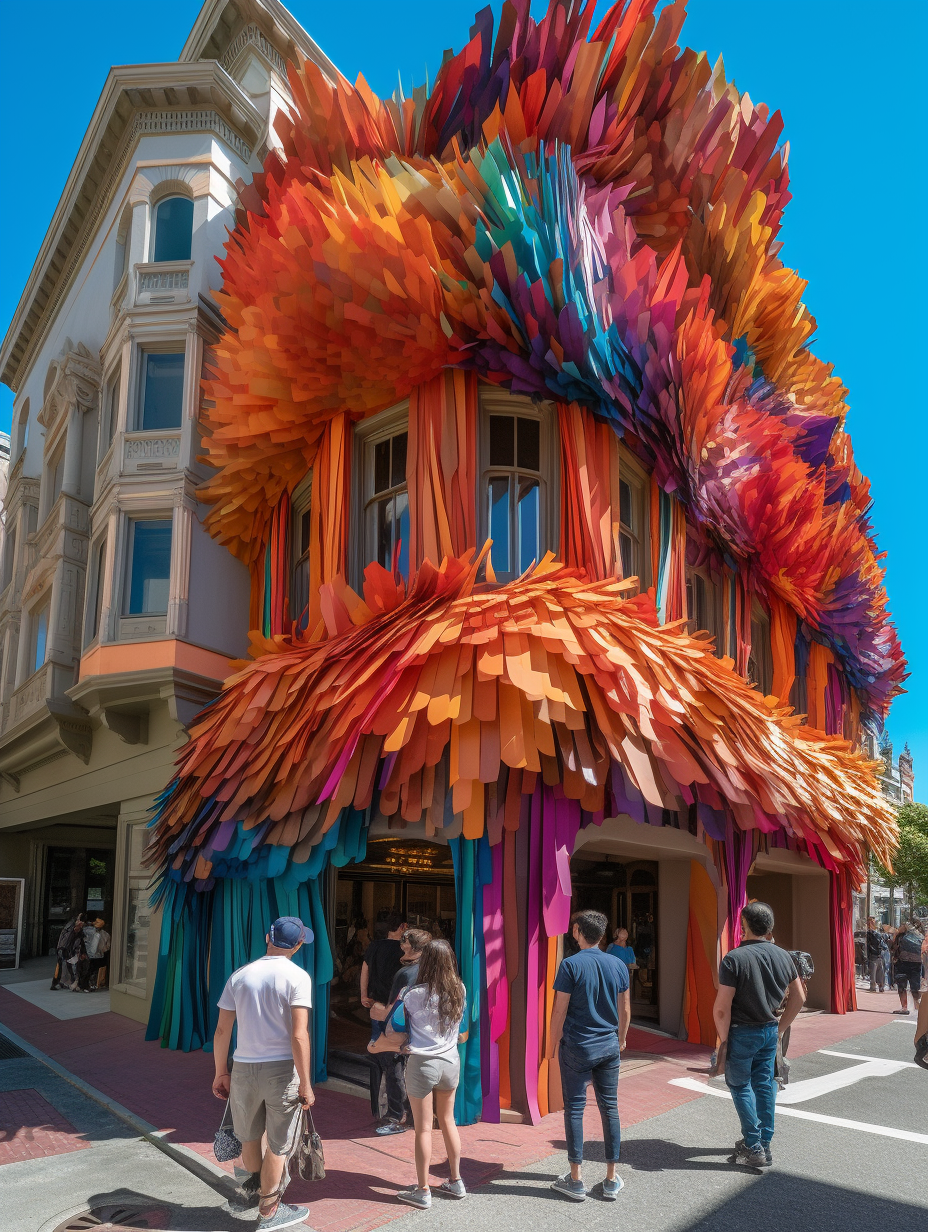In this AI-generated image, a fanciful structure is clad in colorful vertical strips of material