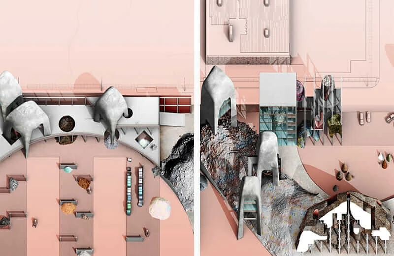 T+E+A+M‘s rendering of the Detroit Packard Plant as a stockpile of construction materials transformed into a new architectural material