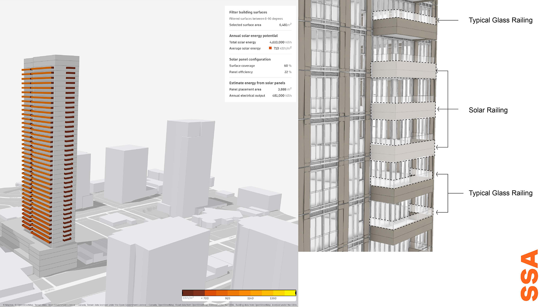3D model of a high-rise with solar railings, energy potential analysis, and surrounding buildings in a cityscape.